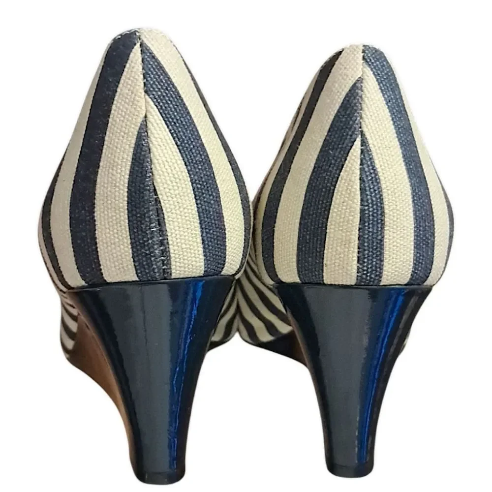Kate Spade New York Melinda Canvas & Patent Leather Peep Toe Wedges Navy / Ivory